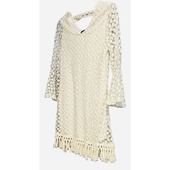 SASSYBLING EMBROIDERED A-LINE MIDI DRESS, JUNIOR, L, IVORY, TASSELS, BELL SLEEVE - Picture 3 of 9